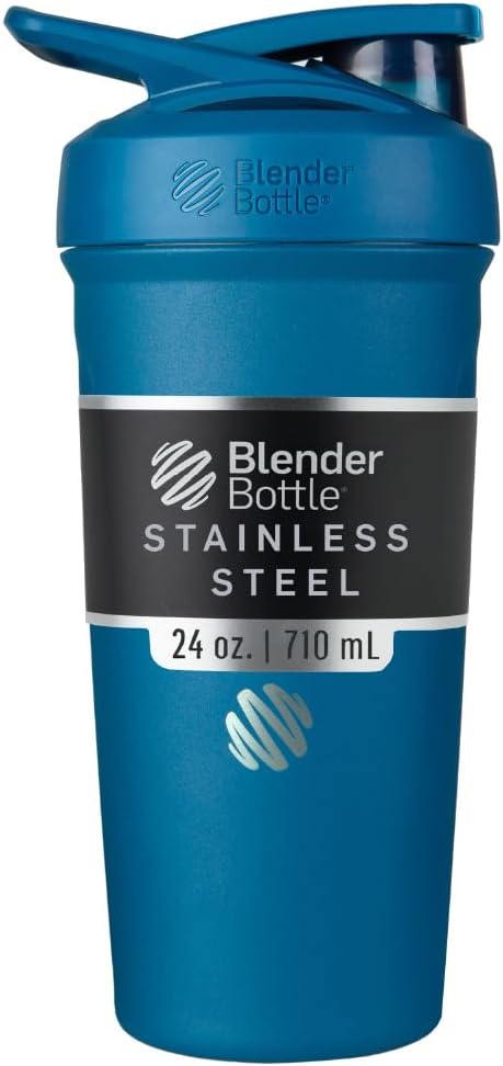 BlenderBottle Strada Shaker Cup Insulated Stainless Steel Water Bottle with Wire Whilk, 24- Ounce, Blue