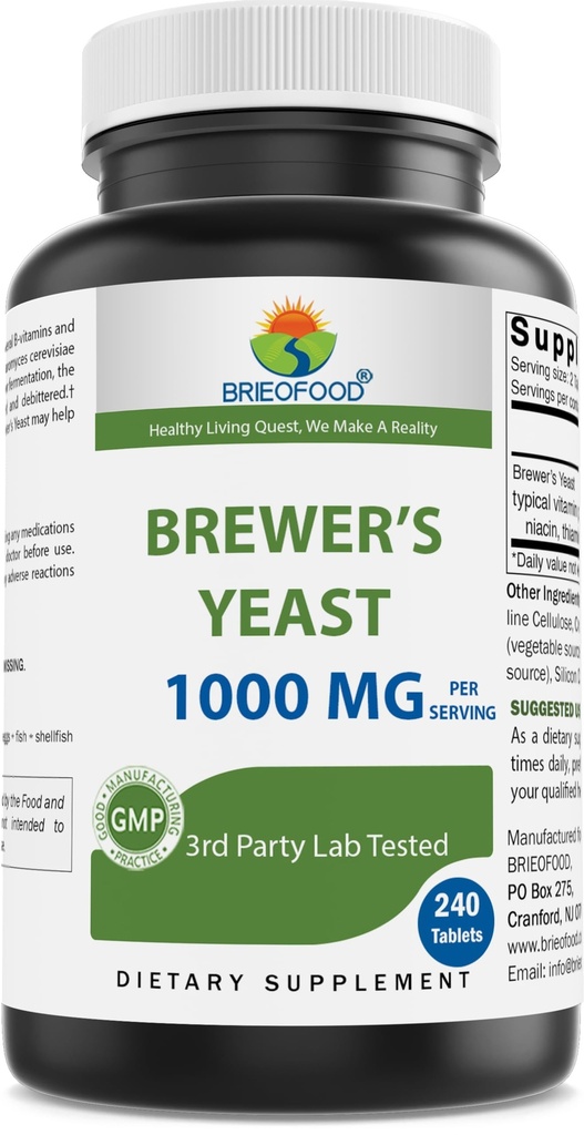 Brieofood Brewer Yeast 1000 mg per Serving - 240 Tablet - Labe Partai 3 Diuji untuk kemurnian & Kualitas