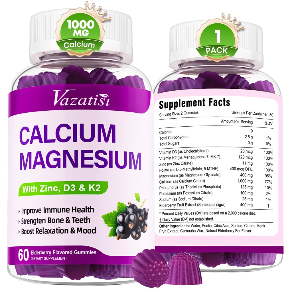 Calcium Magnesium Zinc Gummies dengan Vitamin D3 dan K2, Absorpsi Tinggi Magnesium Glycinate Pottasium untuk Imune dan Otot, Vegan Elderberry Flavor 60 Gummies
