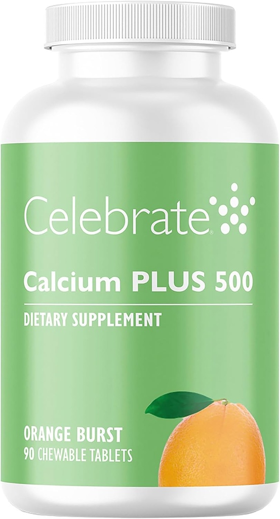 Merayakan Vitamin Calcium Plus 500 Bariatric Calcium Citrate dengan Vitamin D3 Cheable, 500 mg, Gluten- Free & Sugar- Free, Calcium Citrate for Bariatric Patient, Orange Burst, 90 count