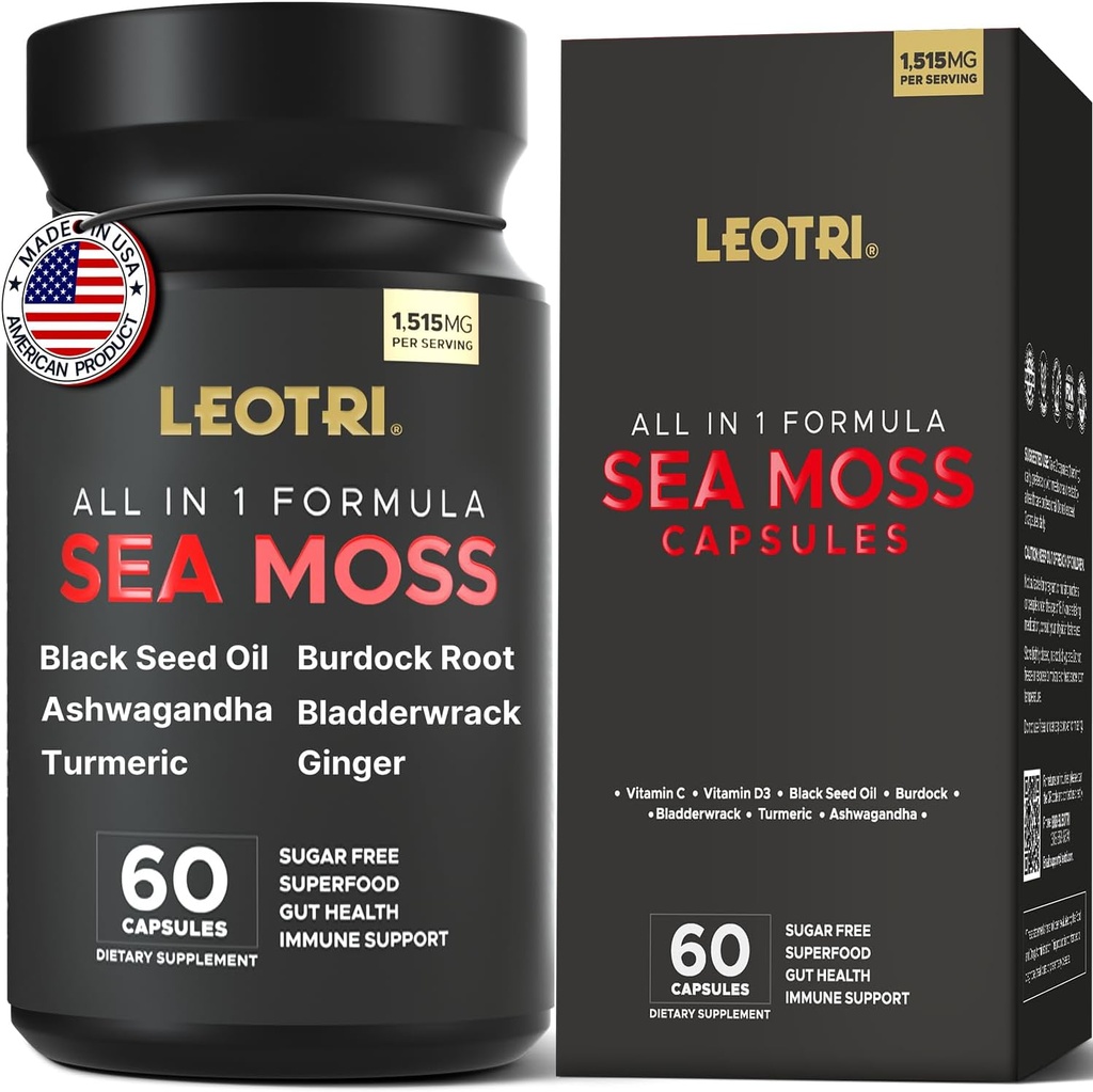 Organik laut Moss Capsules: Laut Moss 10500mg Minyak Benih Hitam 6000mg Turmeric 3000mg Ashwagandha 3000mg Bladdercrack 3000mg Burdock Root Burdock Root 3000mg Ginger untuk Skin Gut Kesehatan Superfood 60 Capsules