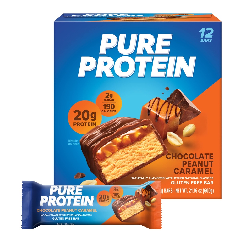 Murni Protein Bars, Protein Tinggi, Makanan Nutrisi untuk Mendukung Energi, Gula Rendah, Gluten Bebas, Chocolate Peanut Caramel, 1.76oz, 12 Cacah (Paket 1) (Packing May Wary)