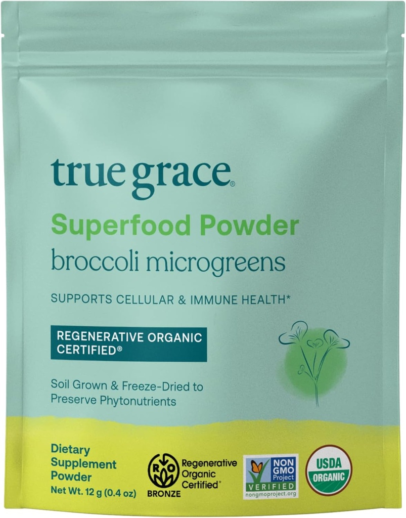 Karunia sejati Brokoli Microgreens - 0.4 oz - Bubuk makanan super harian untuk Cellular & Imune Health - Gluten & Soy Free, Vegan, Regeneratif Organik Sertifikasi - 30 Hamba