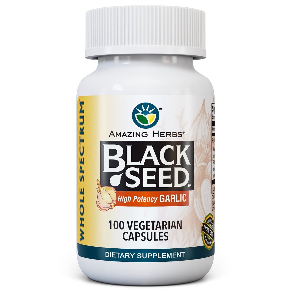 Amazing Herbs Whole Spectrum Black Seed & High Potency Garlic, Vegetarian Capsules - Gluten- Free, Non-GMO, Vegan, Support Immune System, Lung Fungsi, & Cardiovascular Health - 100 Count
