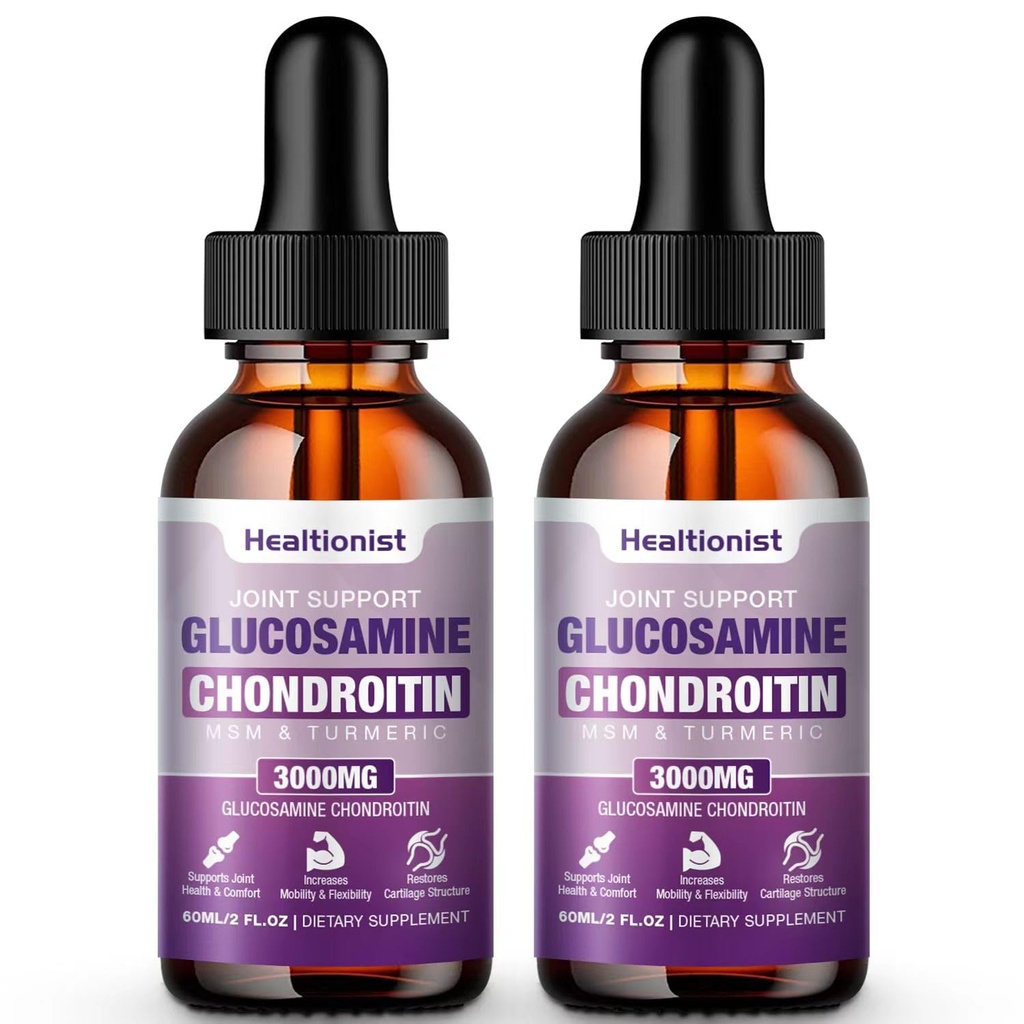 2 Pack Glucosamin Chondroitin MSM Liquid Drops, Tambahan Dukungan Bersama Untuk Pria & Perempuan, Quercetin Boswelia, Bromelain, Antioksidant Immune Dukungan (4 Fl Oz)