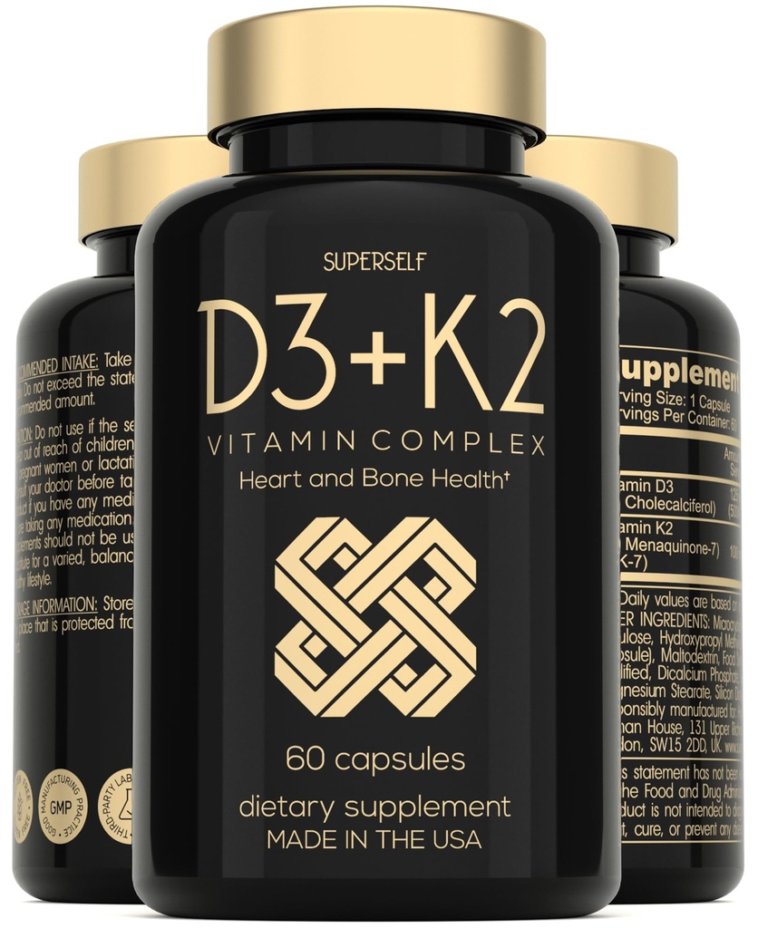Vitamin D3 K2 Capsules - Vitamin D3 5000 IU dan Vitamin K MK7 100mcg - 60 Capsules - Amerika Serikat membuat Vegetarian Vitamin D Suplemen Tinggi untuk Bones, Muscle, Teeth, Immune System