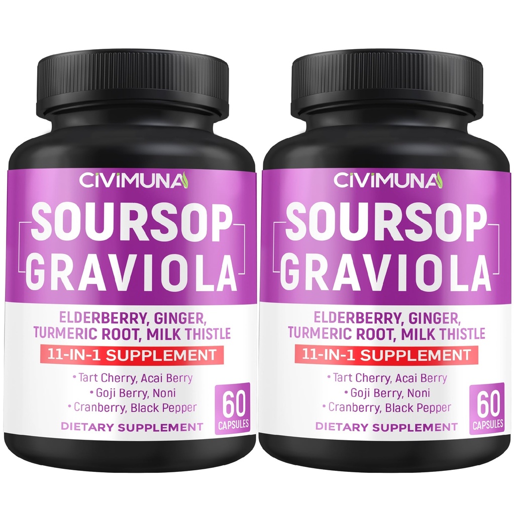 Soursop Graviola Capsules dengan Elderberry, Turmeric Curcumin dan More - 120 Capsules untuk 4 Bulan Supply (Paket 2)