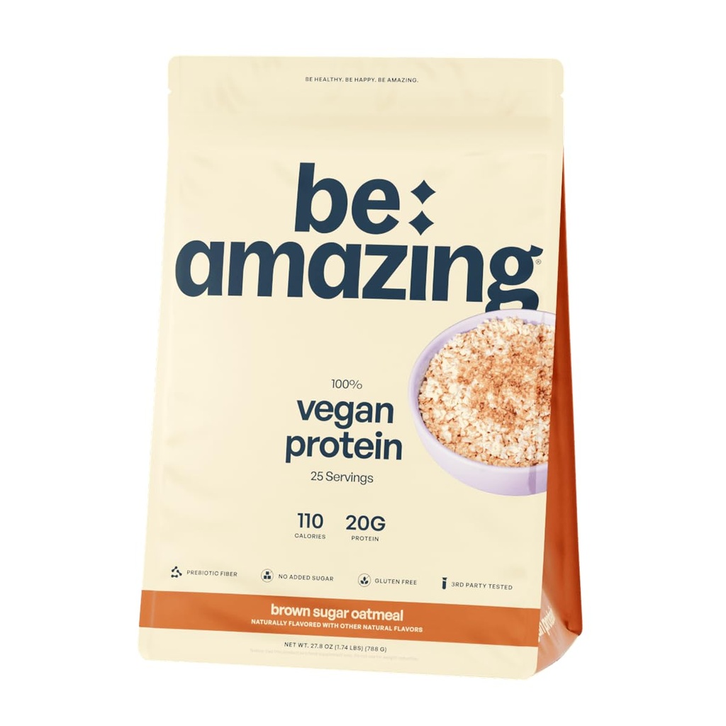BE AMAZING Vegan Protein Powder, Brown Sugar Oatmeal, 20g Plant Based Protein dengan Prebiotic Fiber, Low Carb, Dairten and Gluten Free Shake Mix, No Added Sugar, 29.3 oz, 25 Servings