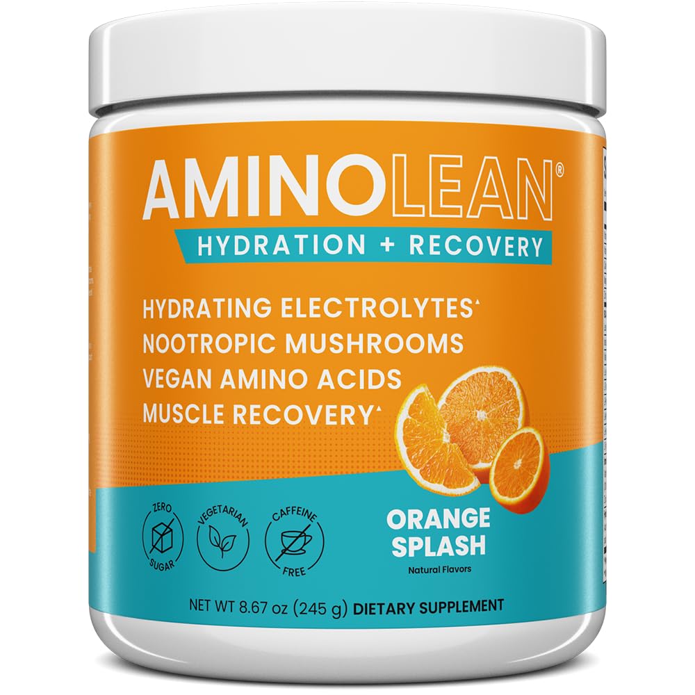 AminoLean Hydrating Electrolite Powder and Recovery Drince with Sea Mineal, Nootropic Mushroom, and Vegan Amino Acids, BCAAs + EAAS for Post Workout Muscle Building, Orange Splash