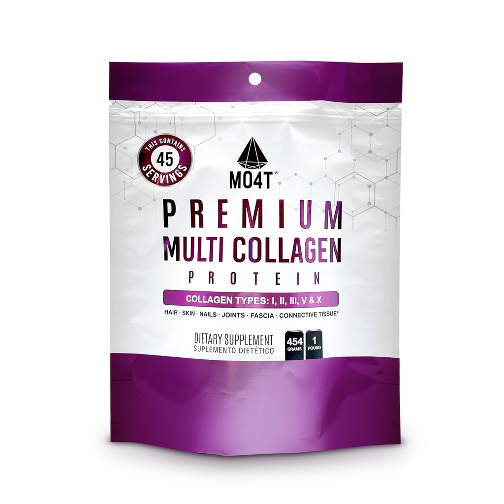 MO4T Hydrolyzed Multi Collagen Powder -Collagen Protin- Collagen Peptide- Tipe 1,2,3,5,10-Sugar- Free, (1 Pound) Rambut, Skin & Nail, Paleo & Keto, Non-GMO