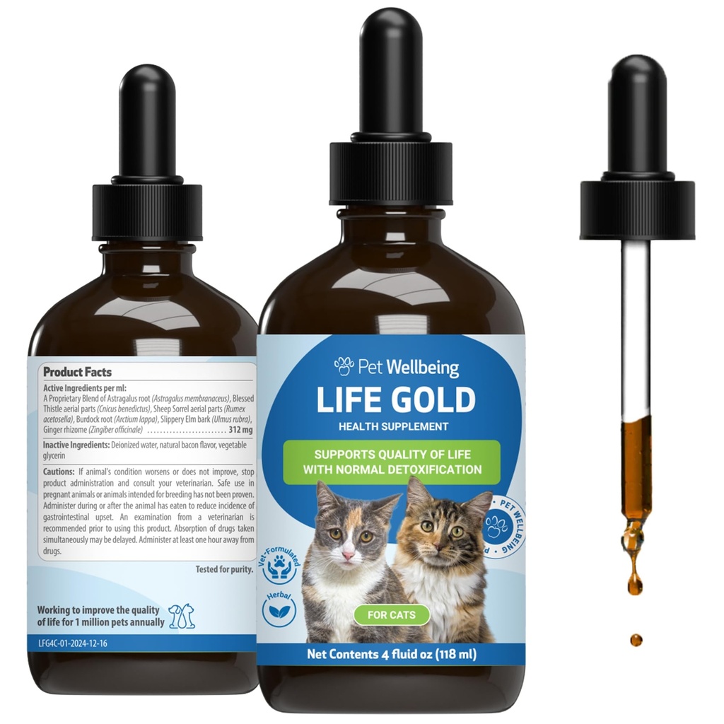 Pet Wellsing Life Gold for Cats - Supports Detoksifikasi, Kesehatan Sistem Kebal, Antioksidan - Vet- Formulated Herbal Supplemen - 4 oz (118 ml)