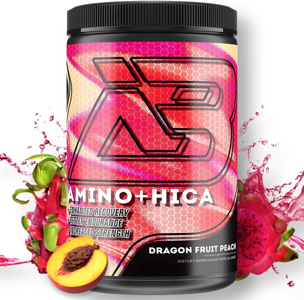 Amino + HICA EAA Tambahan 124; Enhanced Recovery, Better Endurance, Increased Strength, Energy, Hidration 124; Bcaa, Electrolytes, Leucine, Powder, 30 Servings (Dragon Fruit Peach)