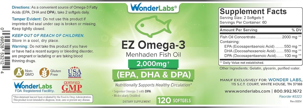 EZ Omega-3 Atlantik Menhaden Tambahan Minyak Ikan 2000 mg, Burpless, Dibuat di Amerika Serikat, Keseimbangan Sempurna EPA + DHA + DPA 120 Softgels