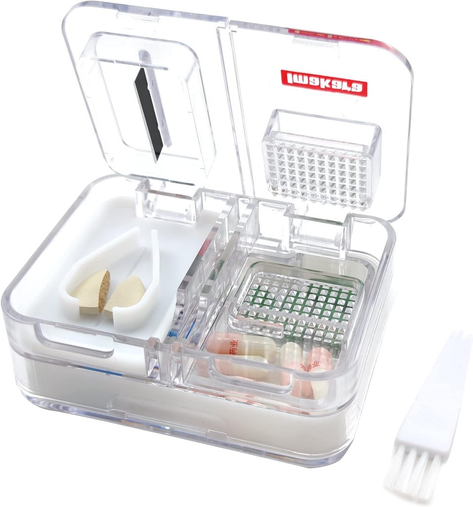Travel Pill Box Medicine, Suplemen, Vitamin Pill Organizer Daily Gunakan Pill Case dengan Pill Cutter Pill Crusher dan Grinder (White)
