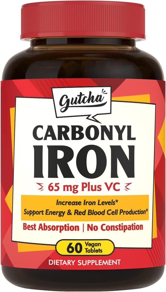 Tambahan Besi, 65 mg Carbonyl Iron Plus Vitamin C, Energi & Blood Dukungan untuk Perempuan & Pria, Penampakan Lebih Baik, Lembut pada Stomach, Tidak Muasea, Konstigasi, Vegan, Non-GMO, 60 Ct