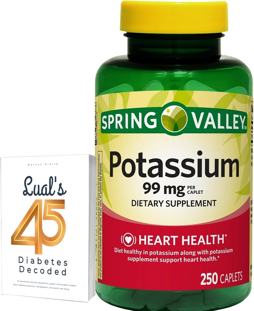 Kaplet Tambahan Diet Jantung Lembah Spring Valley, 99 mg, 250 Count, Potasium Gluconate Bundle dengan 45 Diabetes Lual Decoded