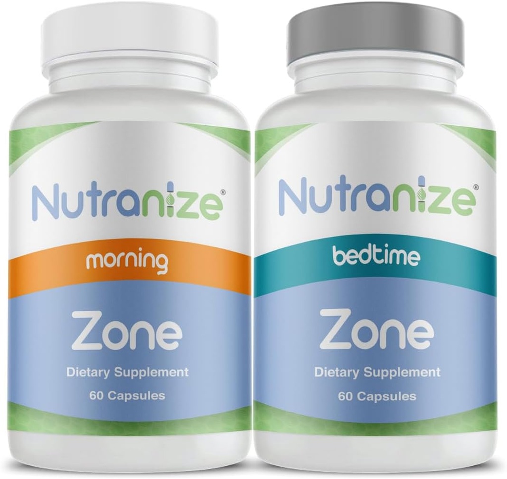 Nutranize Zone Twin- Pack Suplement System - Methylfolat - Designed Morning & Bedtime Capsules with Magnesium Glycinate, Vitamin D3, K2 MK7, Methylfolat, Chromium, Melonulin - 30 Hari Supply (120 Count)