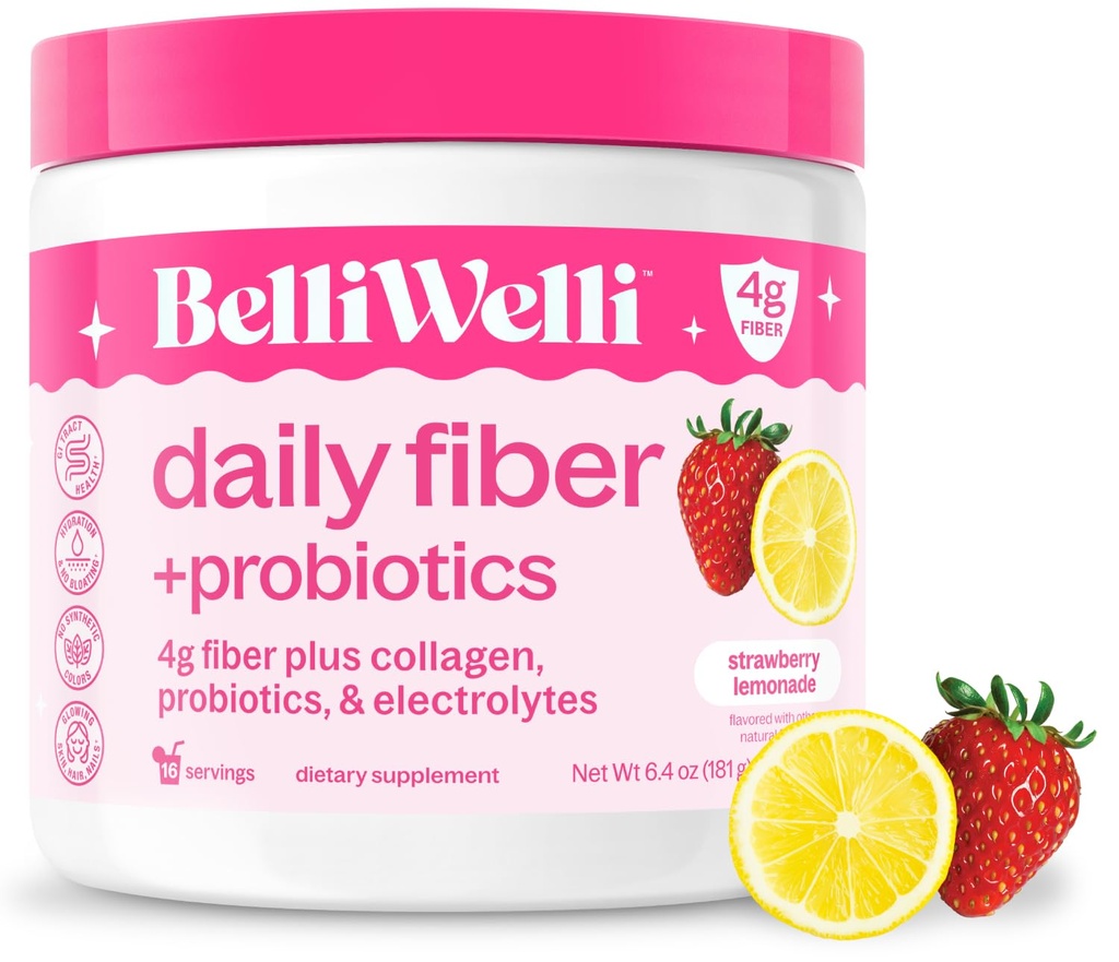 Belli Welli Fiber Supplement for Women & Men, Premium Daily Fiber Powder from Organic Acacia with Added Collagen, Electrolites & Progities, No Bloat, Constipation & Gut Health Support (Strawberry Leyones)