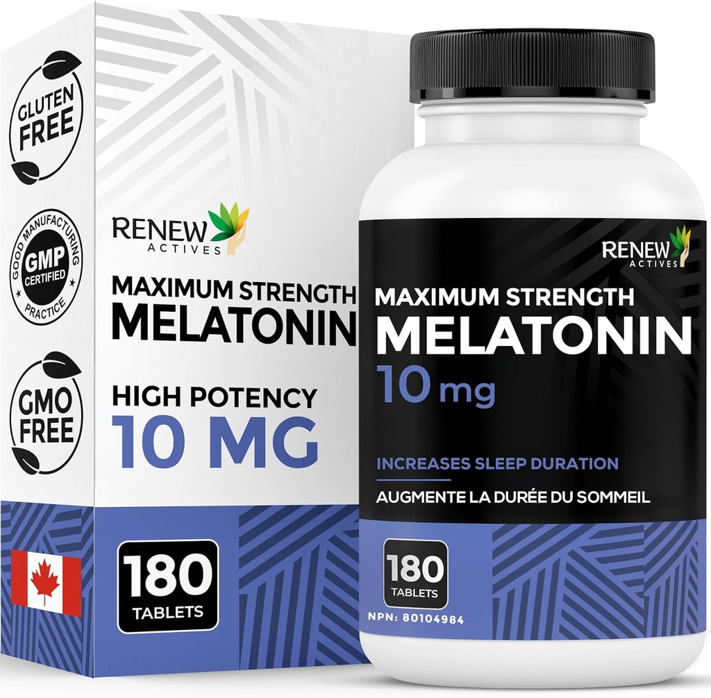 Renew Actives Melonatin 10mg per Serving - Promotes a Deeper, Longer & Ideal for Sleep Management, Jet Lag & to Reset Your Sleep Cycle - Made in Canada - 180 Tablets