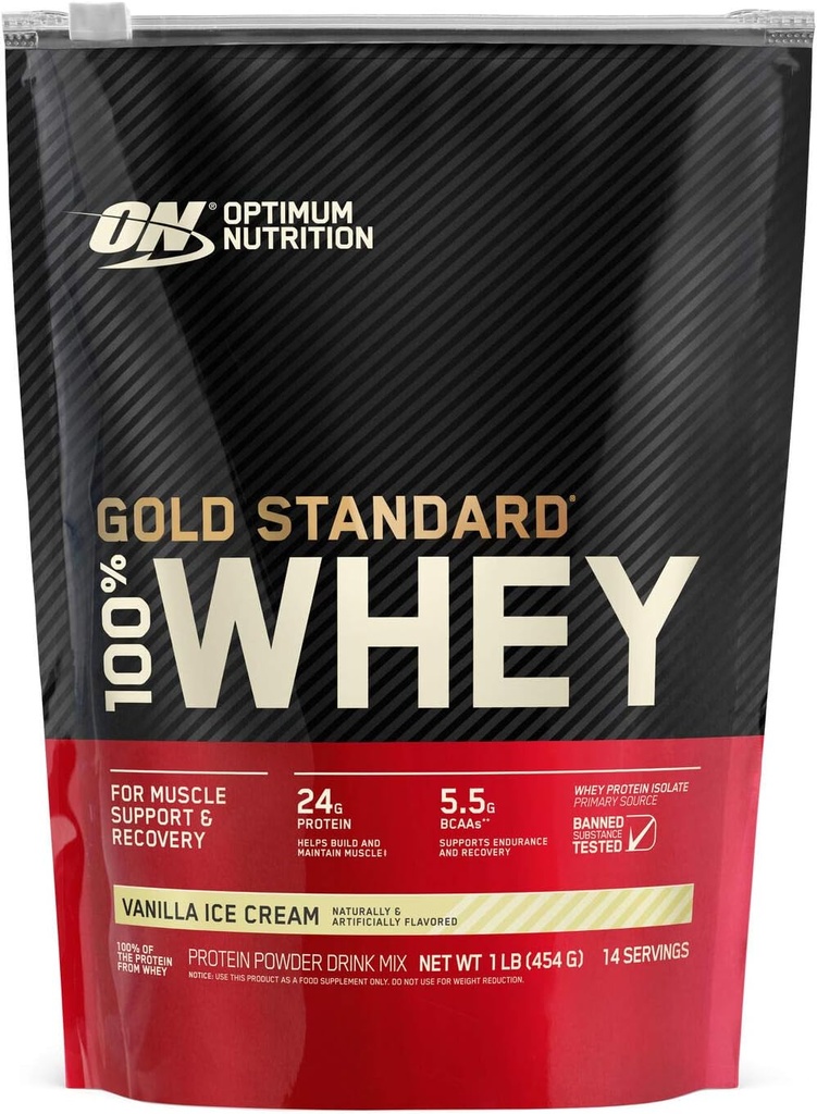 Optimum Nutrition Gold Standard 100% Whiy Protein Powder, Vanilla Ice Cream, 1 Pound (Packaging May Wary)