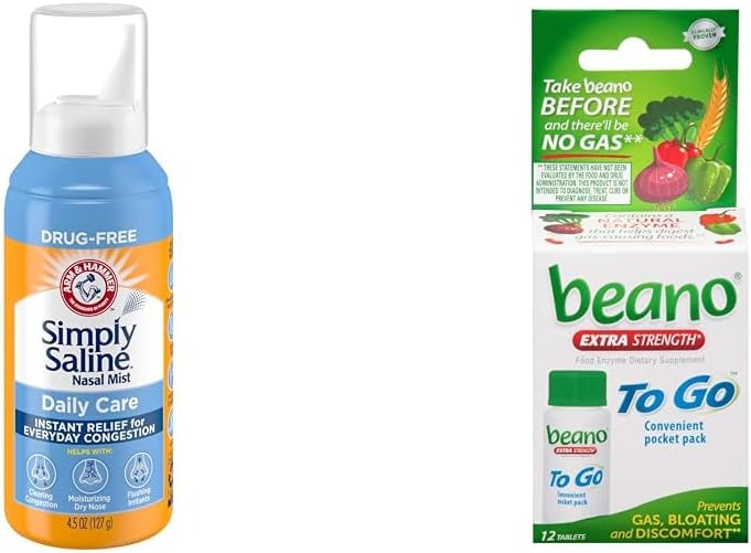 Arm & Hammer Sederhana Saline Nasal Spray 4.5oz & beano to Go Gas Relief Tablet 12 Count