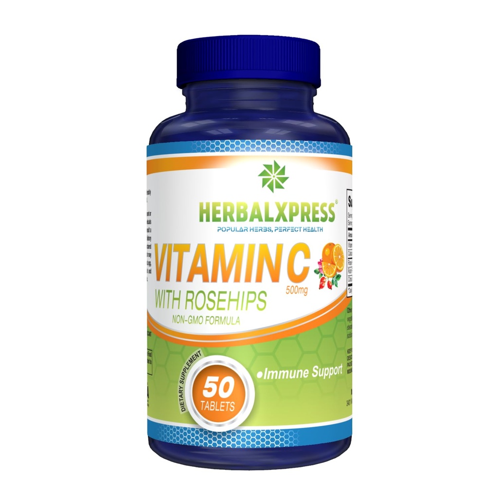 Herbalxpress Vitamin C 500mg dengan Rose HIPS, Ascorbic Acid & Citrus Bioflavonoid 50 Tablets (1 Tub) - Sebuah Duo yang Lengkap mendekati Sistem kekebalan tubuh Anda.