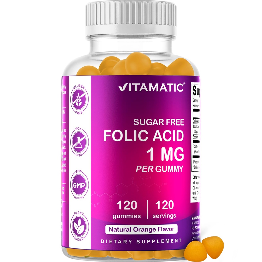 Vitamin Asam Folic Gummies 1000 mcg (1 mg) - a Escular Prenatal Vitamin for Mom & Baby - Vitamin B9 - 120 Vegan Gummies (1)