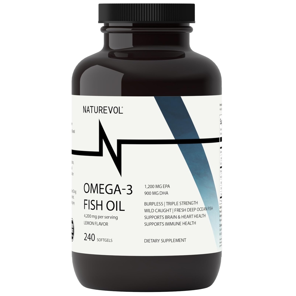 Triple Power Omega 3 Minyak Ikan 4200 mg - Burpless A4g 12200; Lebih dari 2200mg Omega 3 Fatty Acids 14; 1200 mg EPA + 900mg DHA 124; Best Estimits Fatty Acids 124; Wild Caught / Deep Sea Fish, Lemon Flavored - 240 Softgels