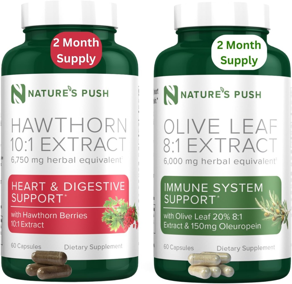 Nature 's Push Hawthorn Berry dan Olive Leaf Bundle of Super Power10: 1 Hawthorn Berry Extract (2 Bulan Suply) dan Olive Leaf Super Power8: 1 Ekstrak 20% Oleuropein 750mg Capsule (2 Bulan Supply)