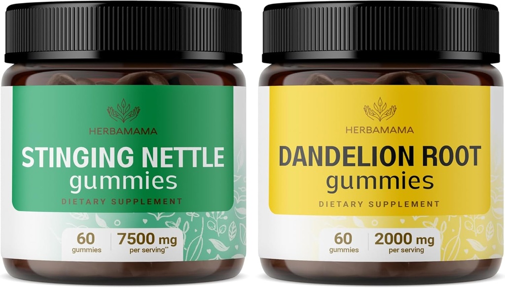 HERBAMAMA Stinging Nettle dan Dandelion Kit - Bundle of 7500 mg Stinging Nettle Root & 2000 mg Dandelion Root Gummies - Vegan, Non- GMO, Gelatin- Free - 2 Pack