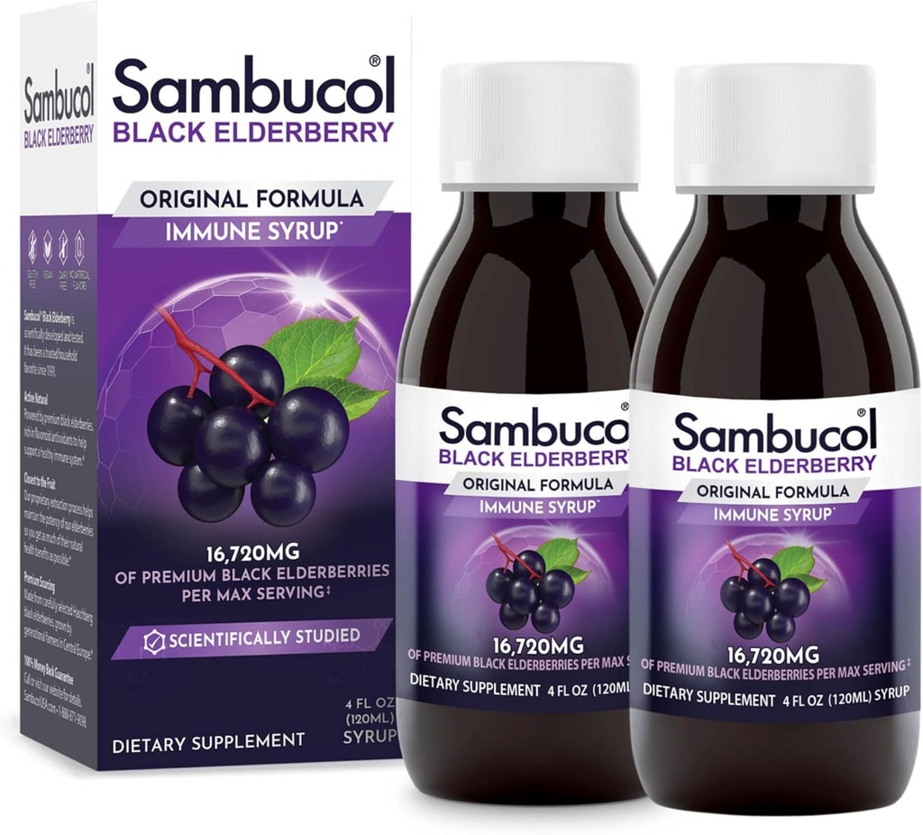 Sambucol Black Elderberry Syrup - Sambucus Elderberry Syrup, Black Elderberry Liquid, Imune Dupport for Children and Adults, High Antioksidants, Gluten Free - Original Formula, 4 Fl Oz, 2- Pack