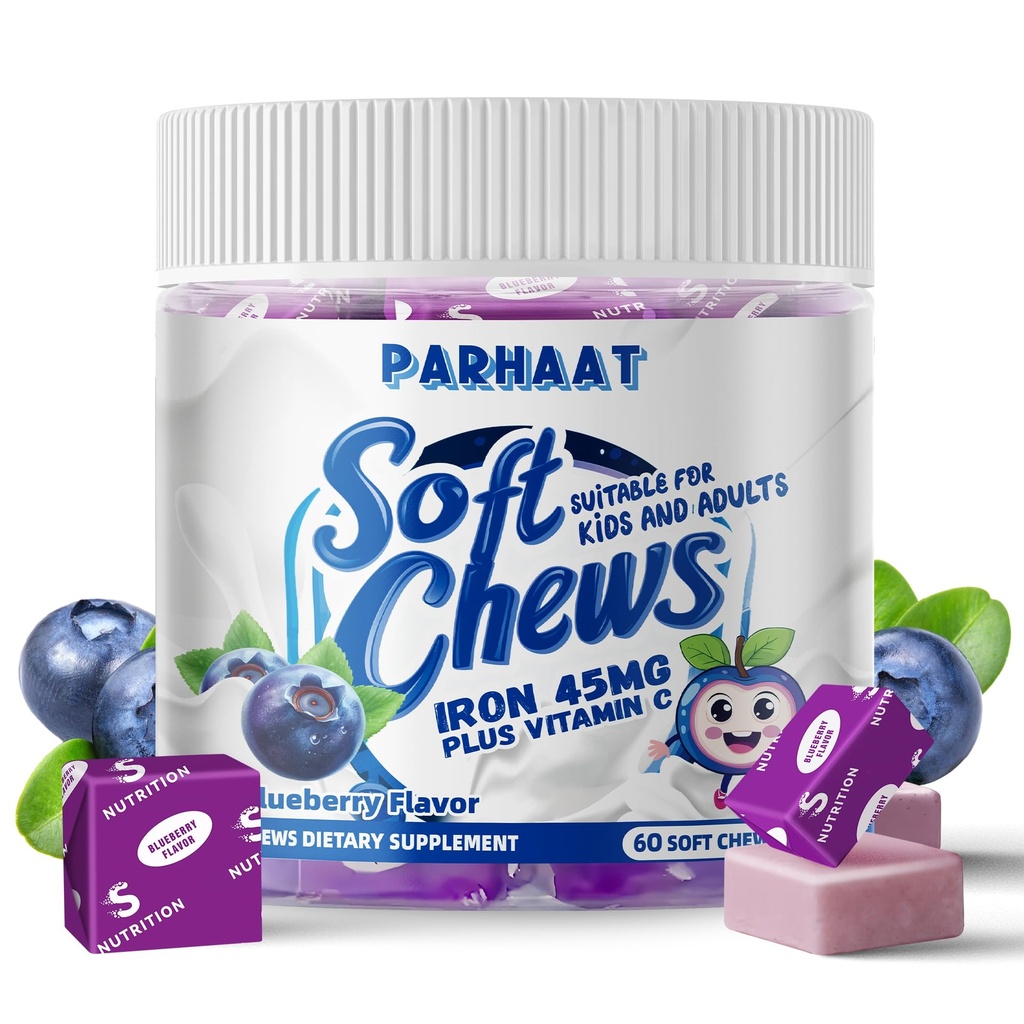 Iron Soft Chew Suplemen dengan Vitamin C 124; Blueberry Flavored 124; Gluten Free Supplemen Besi Pria dan Anak-Anak 124; 60 Count 124; 2 Bulan Suplai