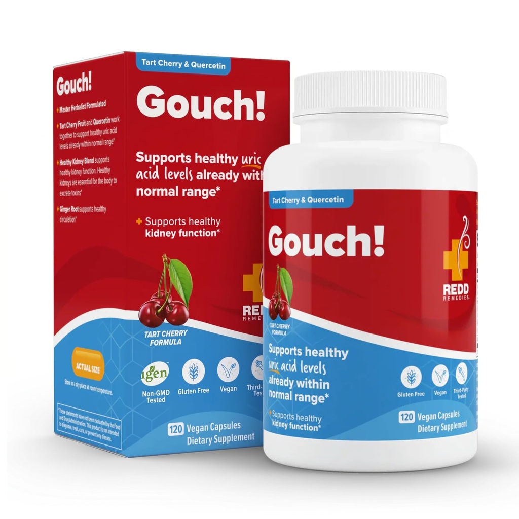 Redd Remedies, Gouch!, Suplemen untuk Levels Joints dan Uric Acid, Mendorong Respon Inflamatory Sehat, Tart Cherry & Quercetin, 120 Fegan Capsules