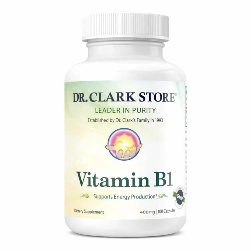 Dr. Clark Vitamin B1 Thiamine 400mg Suplement -Thiamine B1 Suplemen untuk Sistem Gugup Sehat & Energi Metabolisme, Gluten- Free, Dairy Free - 100 Grintin Capsules