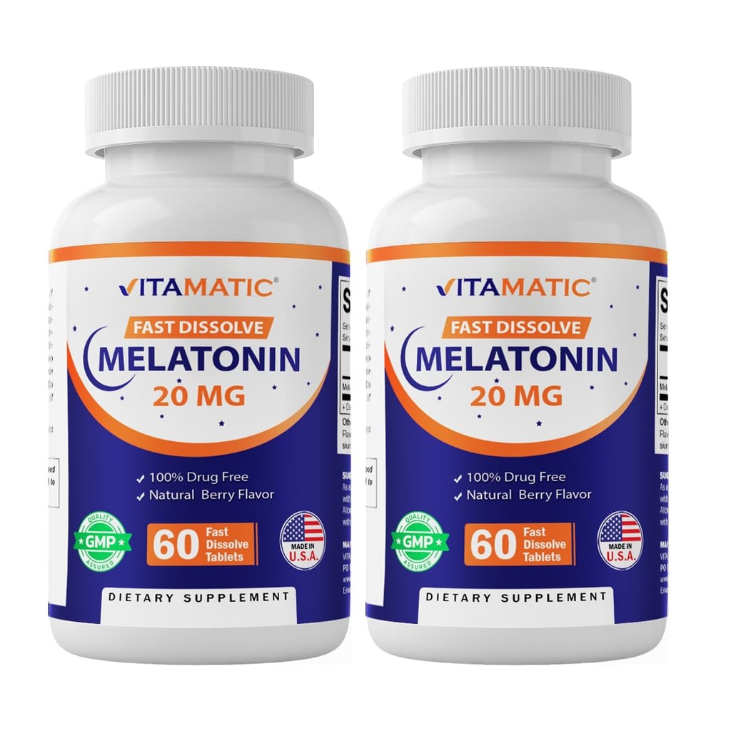 Vitamatic 2-Pack High Potency Melonain 20 mg - 60 Fast Dissolve Tablets Total Fast Sleep Support - Natural Berry Flavor 124; Vegetarian
