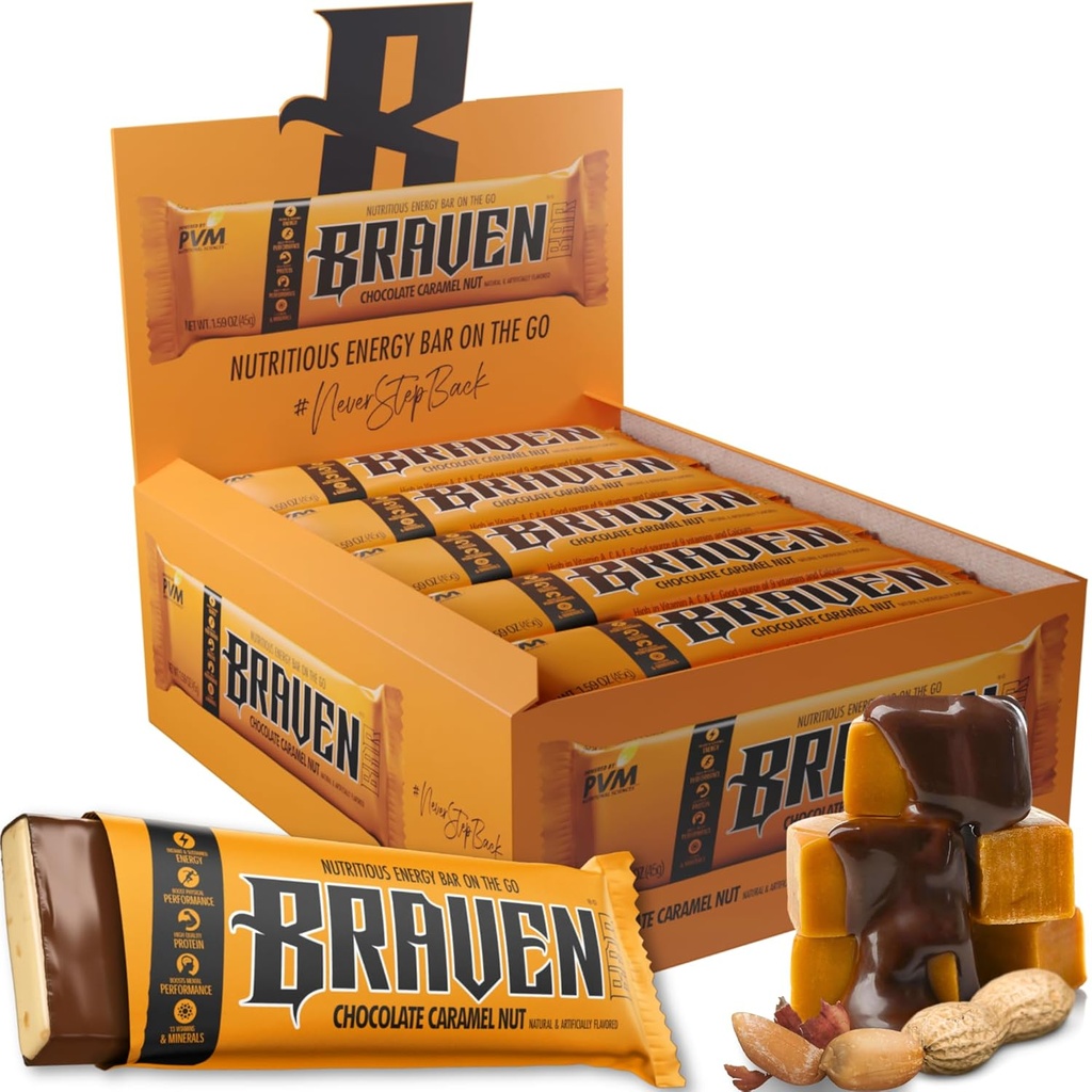 Braven Bar Chocolate Caramel Nut Energy Bars (1.59 oz, Kembang 20) - Energi Chews dengan 5g Protein - OntheGo Energy Snacks untuk Running, Hiking, and Olahraga - Gluten Free Snacks untuk Boost Energi Terlarang