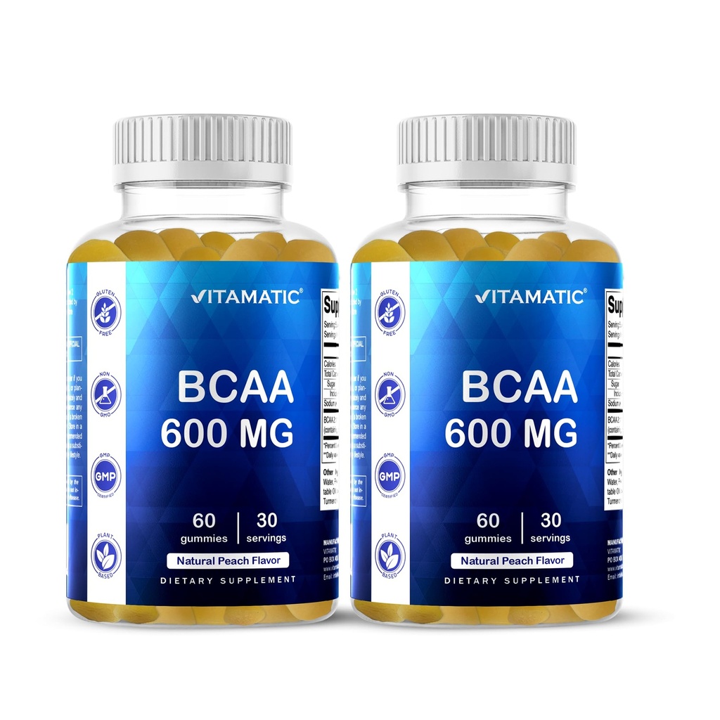 Vitamin BCAA Gummies - Cabang Chain Acid Acid - Peach Flavor - 600mg per Serving - 60 Vegan Pectin Based Gummies (2 Botol)