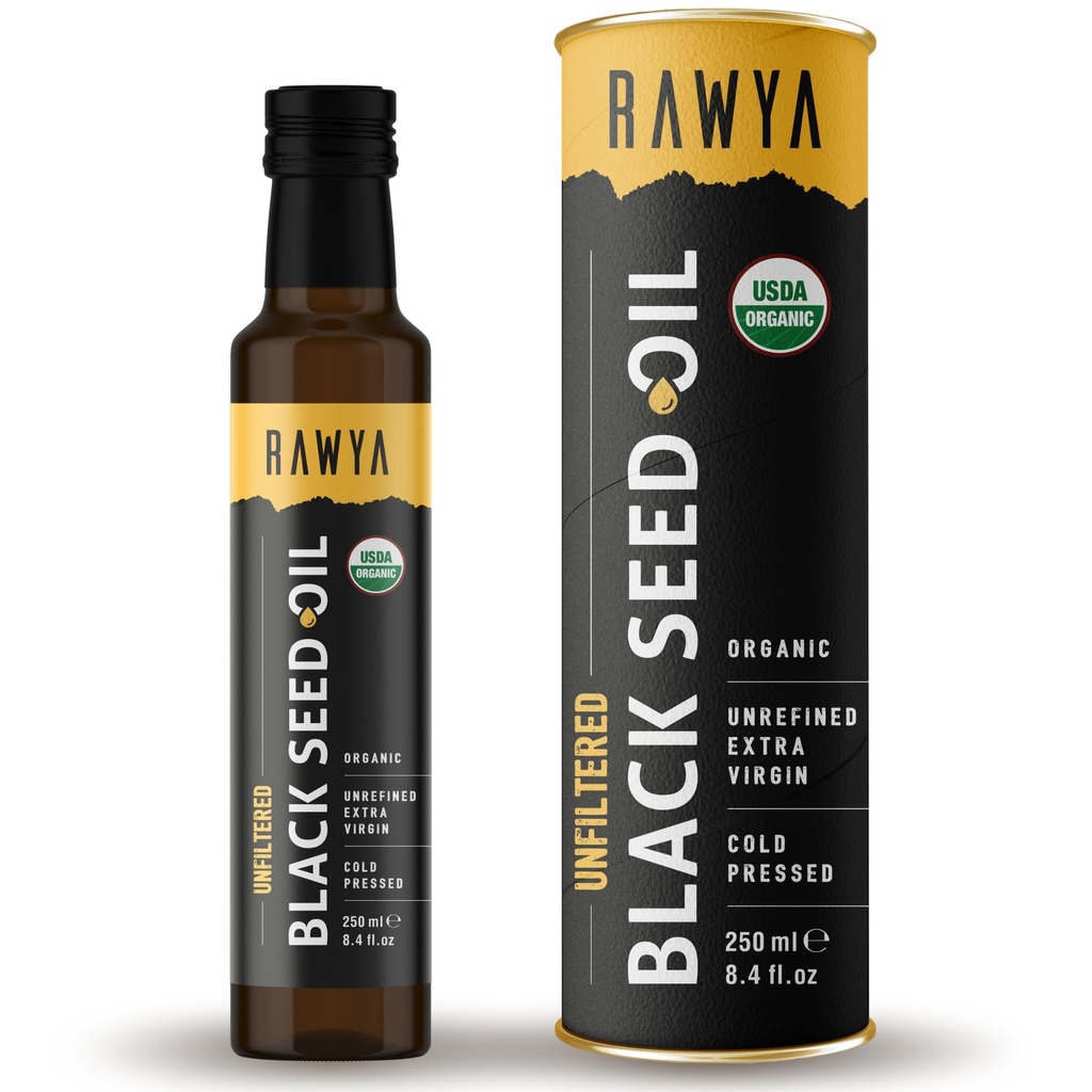 RAWYA Black Seed Oil - Unfilered - Full Spectrum - 8.4 lf oz - Organic Cold- Menekan, Nigella Sativa - USDA Organik - Pendukung Alam - Minyak Benih Cumin Hitam - Flavor kuat dan Konsentrasi Tinggi -Glass Botol