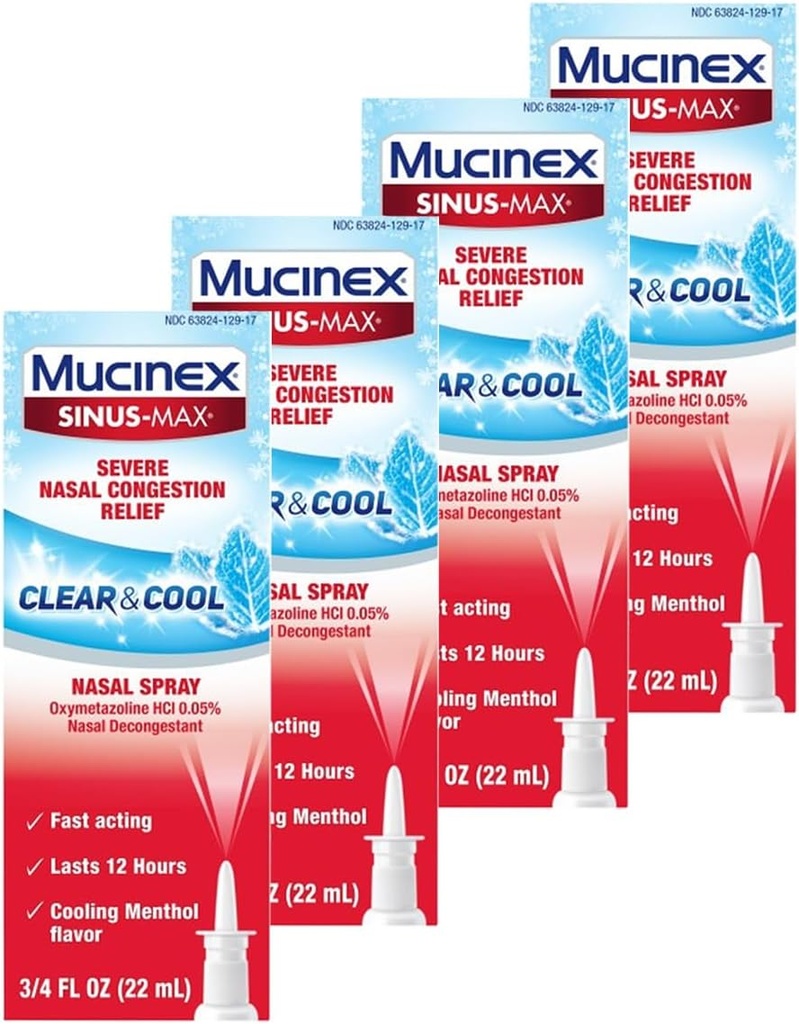 Mucinex Nasal Decongestant Spray, Sinus-Max Large Nasal Resultion Clear & Cool Nasal Spray, Lass 12 Hours, Fast Acting, Cooling Menthol Flavor, Packing May Wary, 0.75 Fl Oz (Pack of 4)