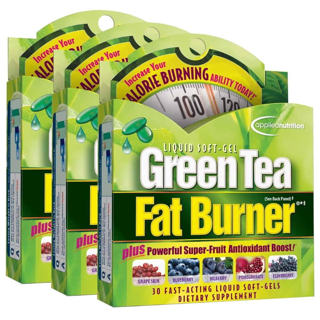 Applied Nutrition Green Tea Burner - 30 Liquid Soft- Gels, Paket 3 - Meningkatkan Pembakaran Calorie & Supplies Antioksidan Kuat - 45 Total Hamba