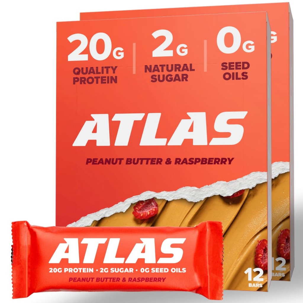 Atlas Protein Bar, 20g Protein, 1g Sugar, Clean Ingrediens, Gluten Free (Peanut Butter Raspberry, 12 Count (Paket 2))