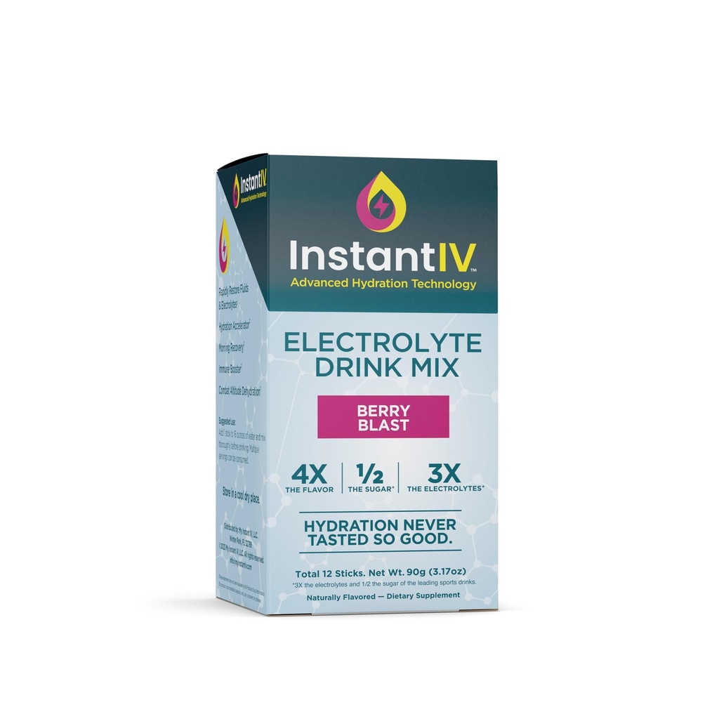 Electrolytes Powder - 3X Electrolytes, 1 / 2 Sugar with Vitamin C, B3, B6, Electrolite Powder Pawder for Hydration, Recovery & Imunity, Vegan & Gluten Free Aver4; Berry Blast - 12 Paket