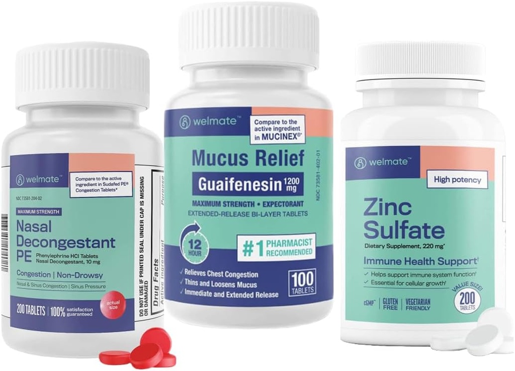 Bongle Relief Dingin & Allergy: Maksimum Kekuatan Guaimfenesin 1200 Mg Mucus Relief (100 Tablet), Phenylephrin HCI 10 mg Nasal Decongestant (200 Tablet) & Zinc Sulfate 220mg