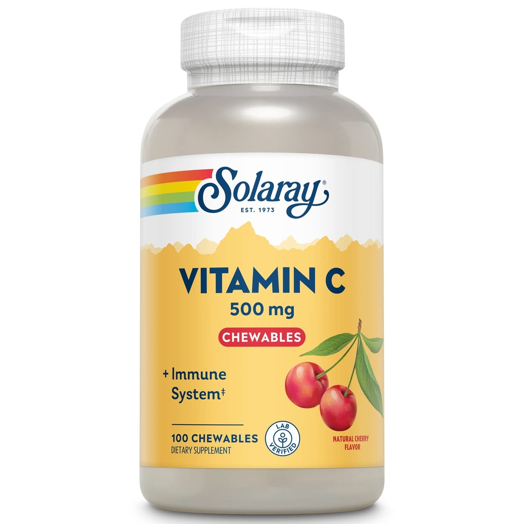 SOLARAY Disajikan Vitamin C 500 mg, Alami Cherry Flavor dengan Sweeteners Natural, AntioxidanImune Dukungan Supplemen dengan Whole Food Base, garansi 60 Hari, 100 Pelayan, 100 Chewables
