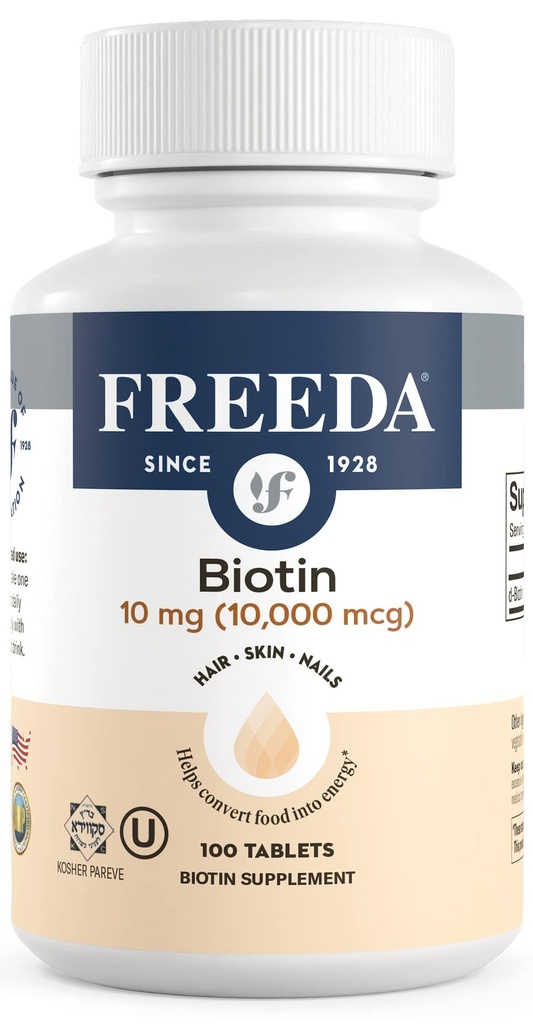 FREEDA Biotin 10,000 mcg - Kosher Hair, Skin & Nails Suplemen - Tinggi Potency B7 untuk Rambut & Powth Kuat Nails - Bilet Vegan dengan D- Biotin - 100 Tiny Tablet