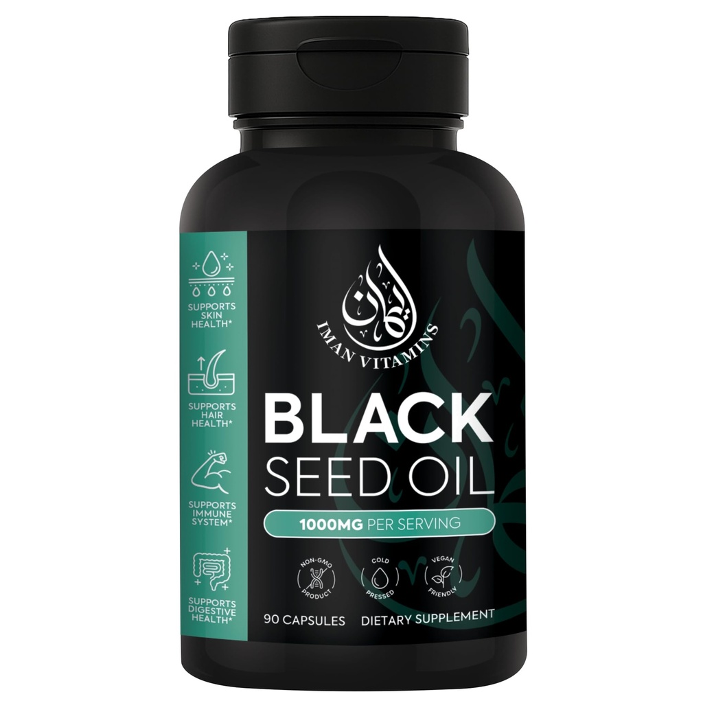 Halal Natural Black Seed Oil capsules 100mg Cold Press, Vegan, Non- GMO Nitiva Capsules, Gluten Free Pills 124; 90 Count, 1000mg PS