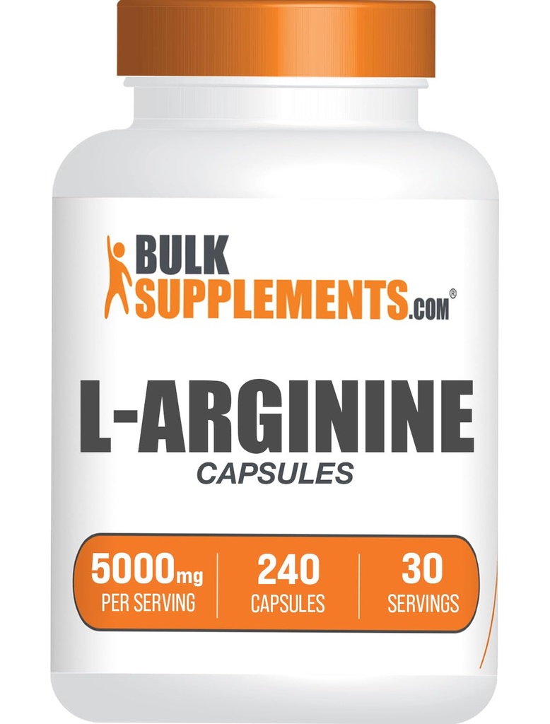Suplemen BulkSulements.com L-Arginine Kapsul - Arginine Suplemen, Nitric Oxide Suplemen - Gluten Bebas, 8 Kapsul per Serving (5000mg), 240 Cacah (Paket 1)
