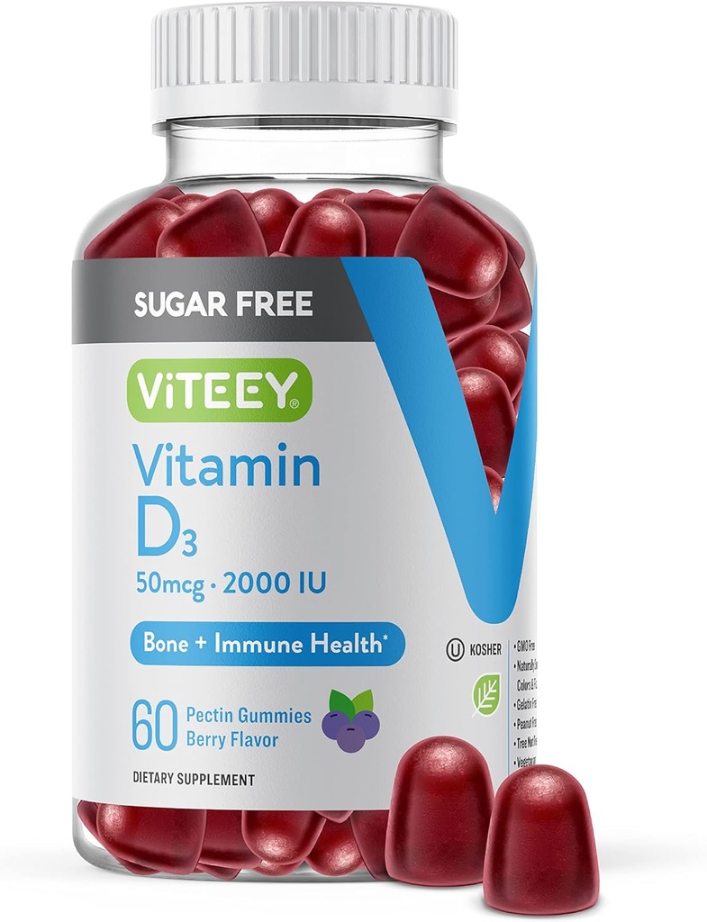 Viteey Vitamin D3 Gummies for Dewata & Teens - 2,000 IU, 50mcg - Sugar Free, Bone, Gabungan & Muscle Health, Imune Boost - Vegetarian, Gelatin Free, GMO Free - Tasty Chewable Berry Flavored Gummy
