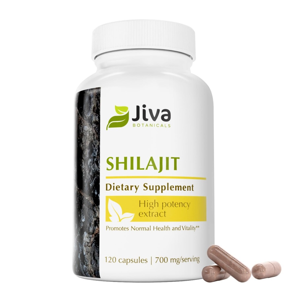Jiva Botanicals Premium Shilajit Supplement 700 mg - Shilajit Capsules Ekstrak dengan Mineral, Fulvic / Humic Acid for Immune Dukungan & Noal Digeestion Health - 120 Vegan Capsule (Paket 1)
