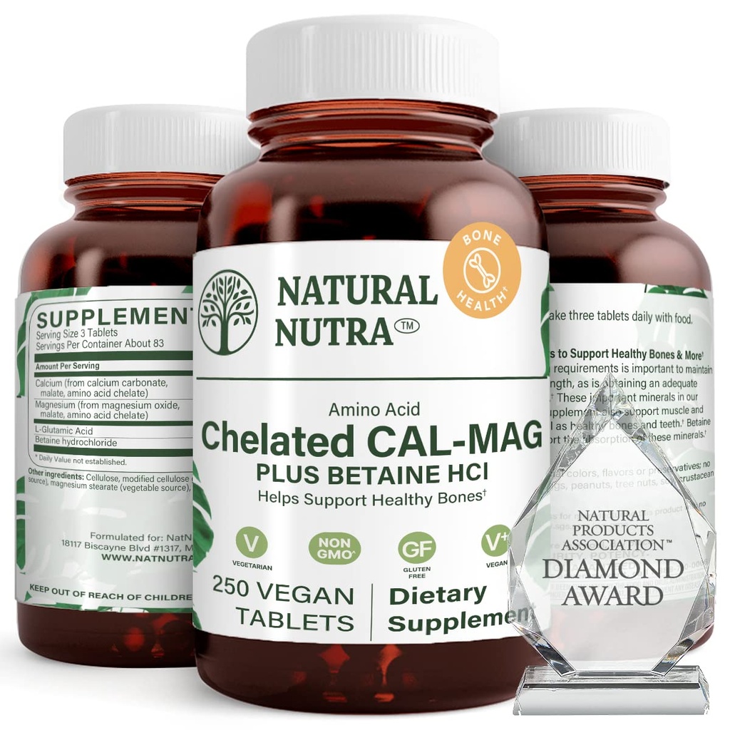 Natural Nutra Cherium Magnesium 1000 / 500 mg Suplemen Plus Betaine HCL - Chlated Cal Mag Inprove Bone Density, Pasokan Otot, Teeth, Kardiovaskular & Nerve Kesehatan, 250 Degan Tablet